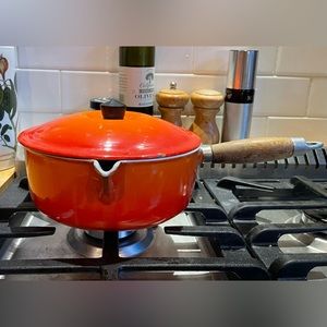 Orange #18 Le Creuset Saucier Pan with Spout and Wood Handle -Enameled Cast Iron